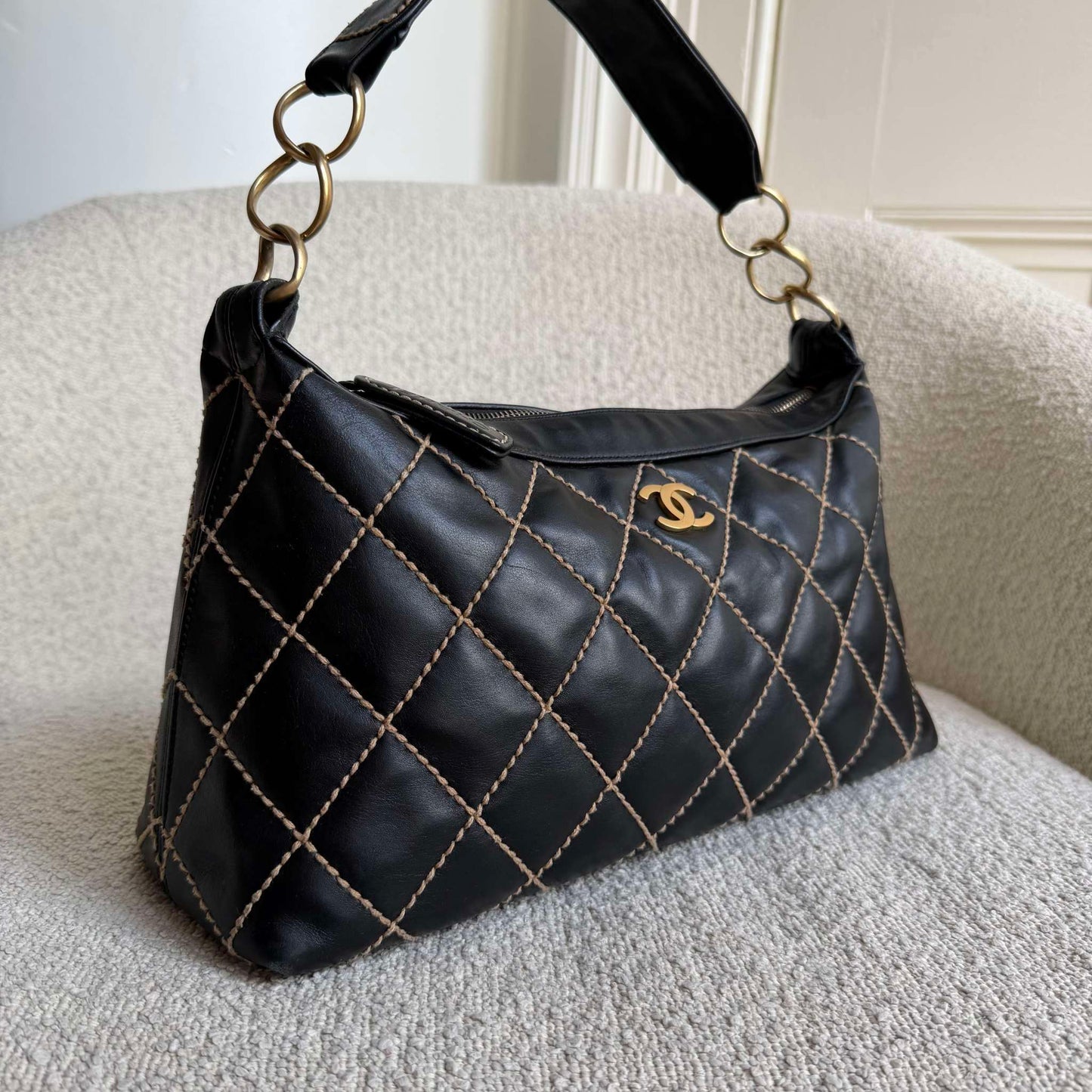 2003 Chanel CC Surpique Wild Stitch Black Leather Handbag