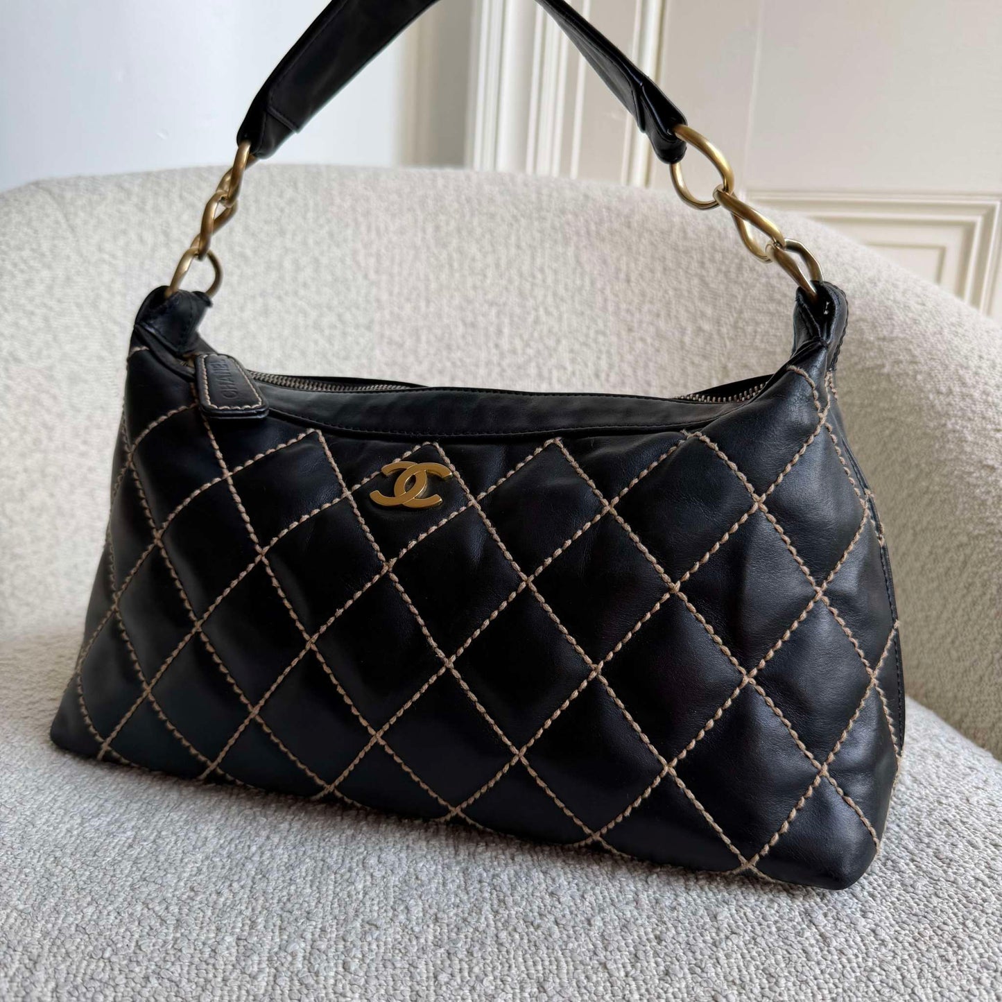2003 Chanel CC Surpique Wild Stitch Black Leather Handbag
