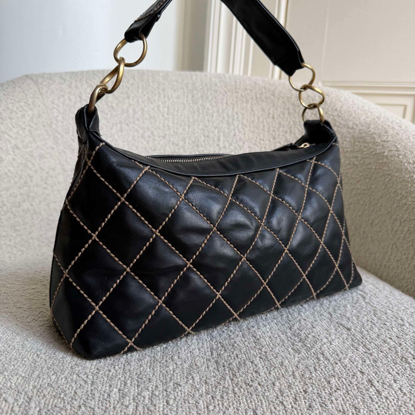 2003 Chanel CC Surpique Wild Stitch Black Leather Handbag
