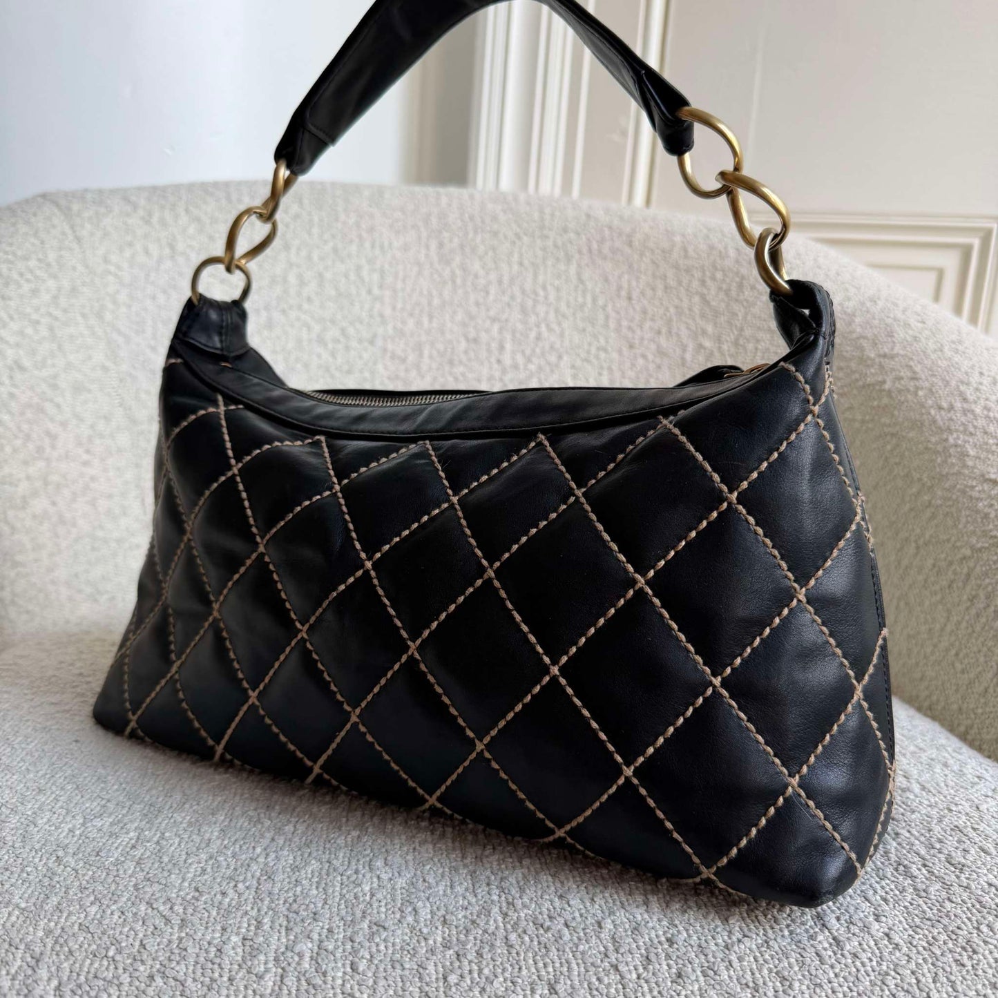 2003 Chanel CC Surpique Wild Stitch Black Leather Handbag