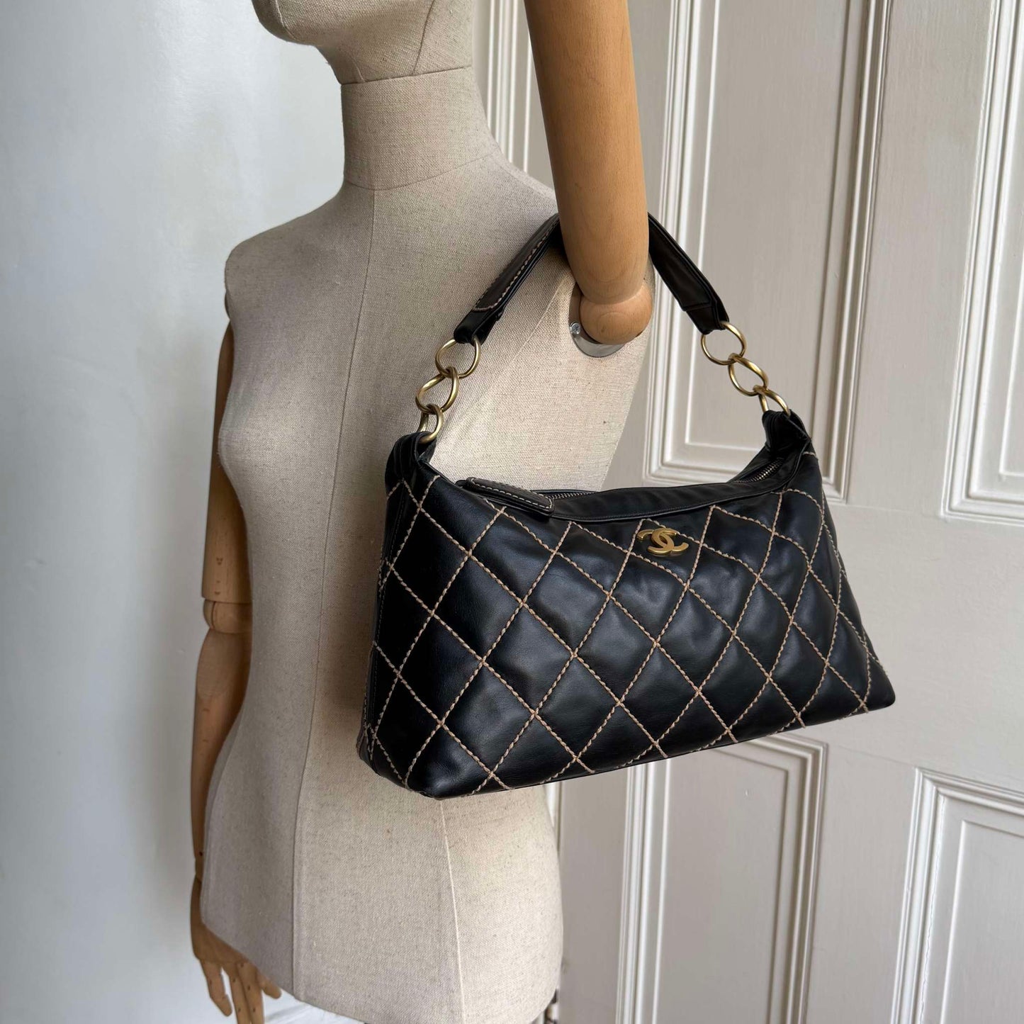2003 Chanel CC Surpique Wild Stitch Black Leather Handbag