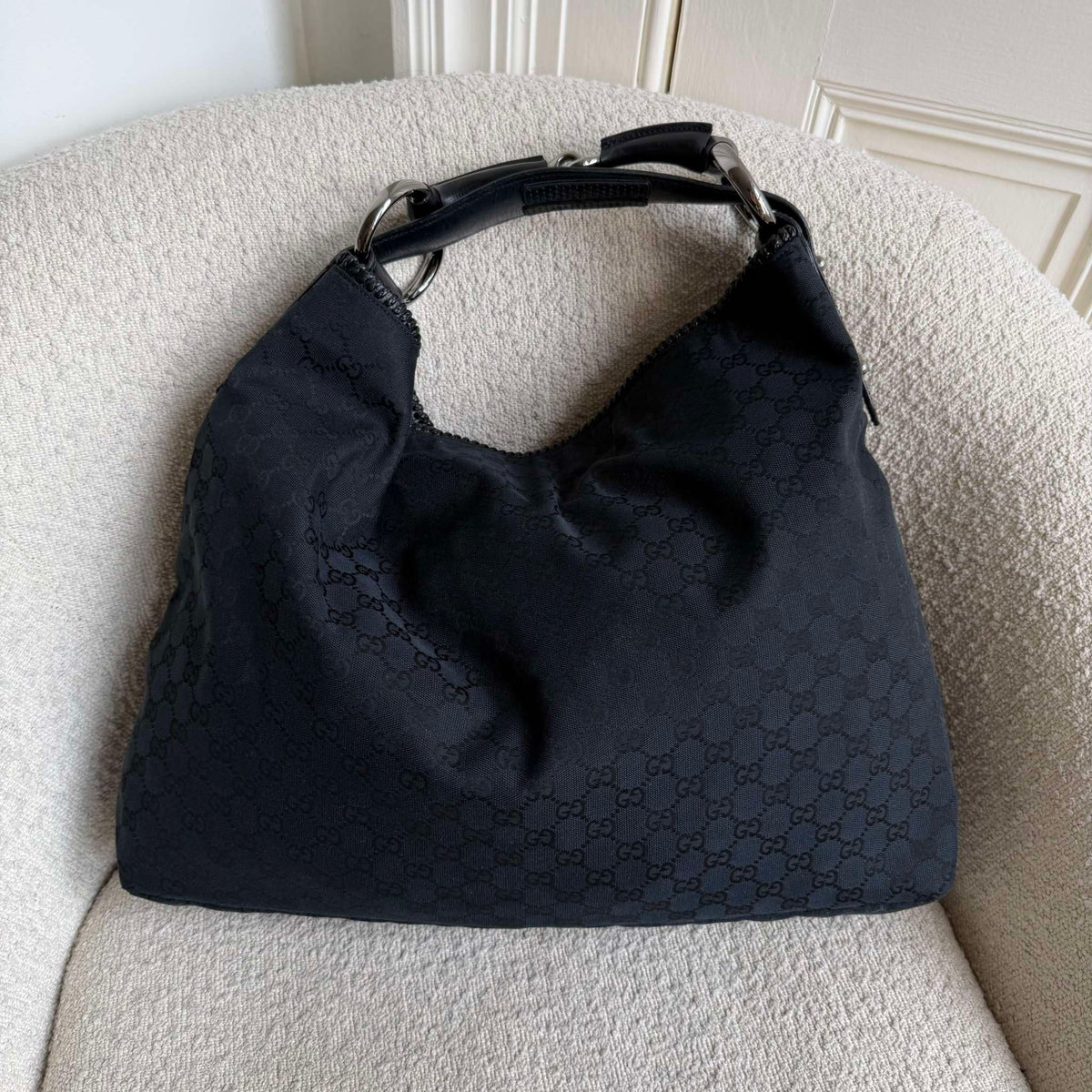 Gucci GG Canvas Horsebit Hobo Black Large Shoulder Bag