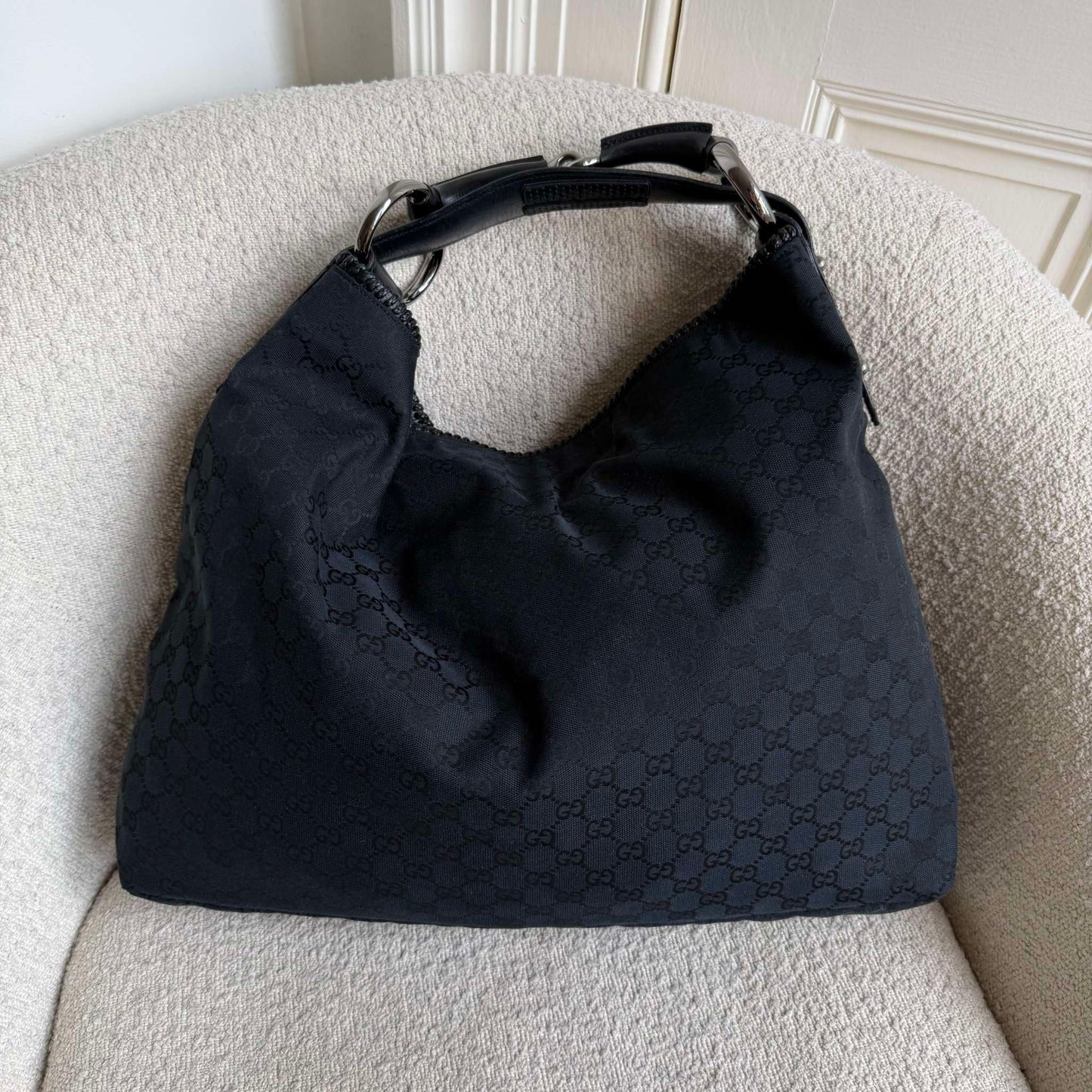 Gucci GG Canvas Horsebit Hobo Black Large Shoulder Bag