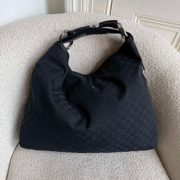 Gucci GG Canvas Horsebit Hobo Black Large Shoulder Bag
