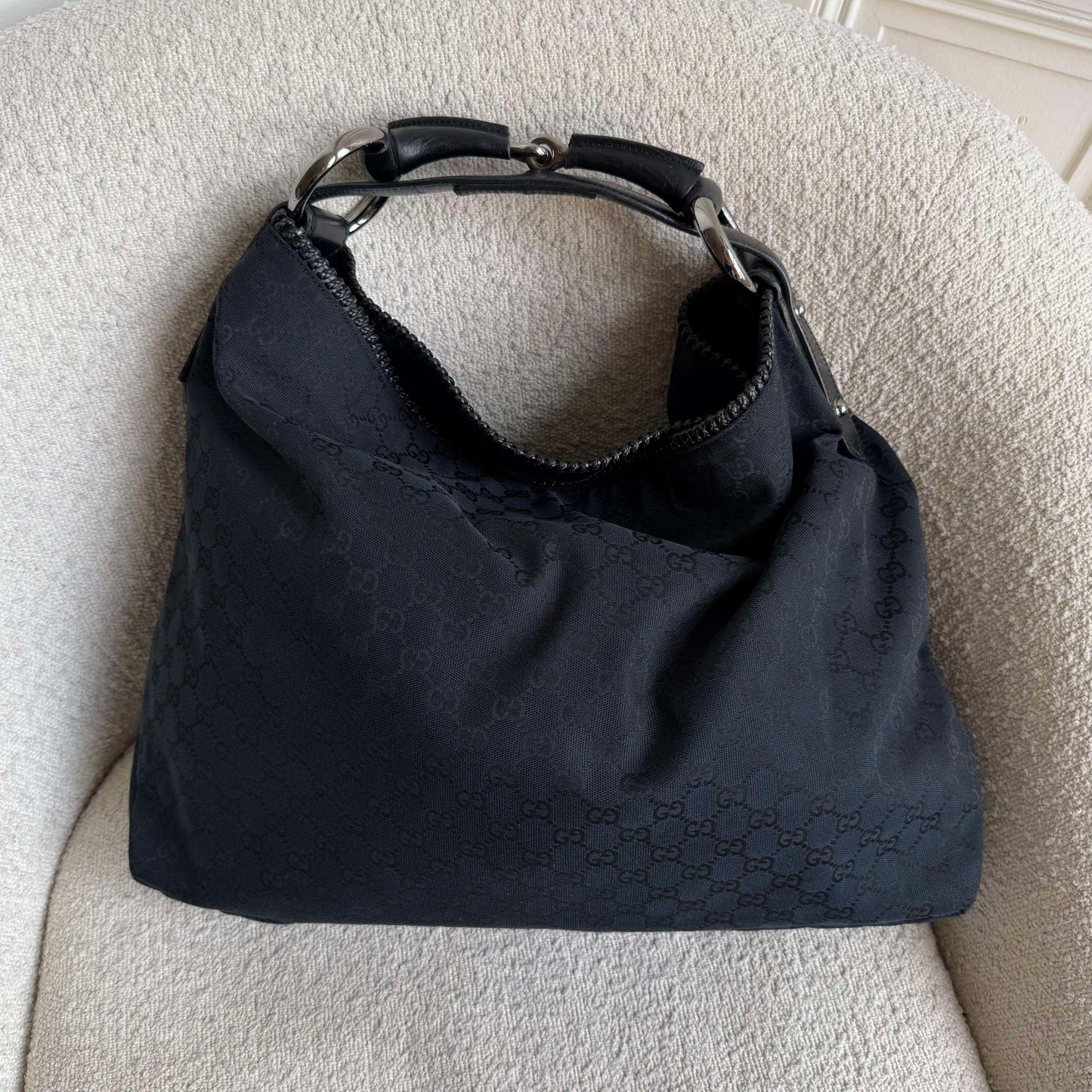 Gucci GG Canvas Horsebit Hobo Black Large Shoulder Bag