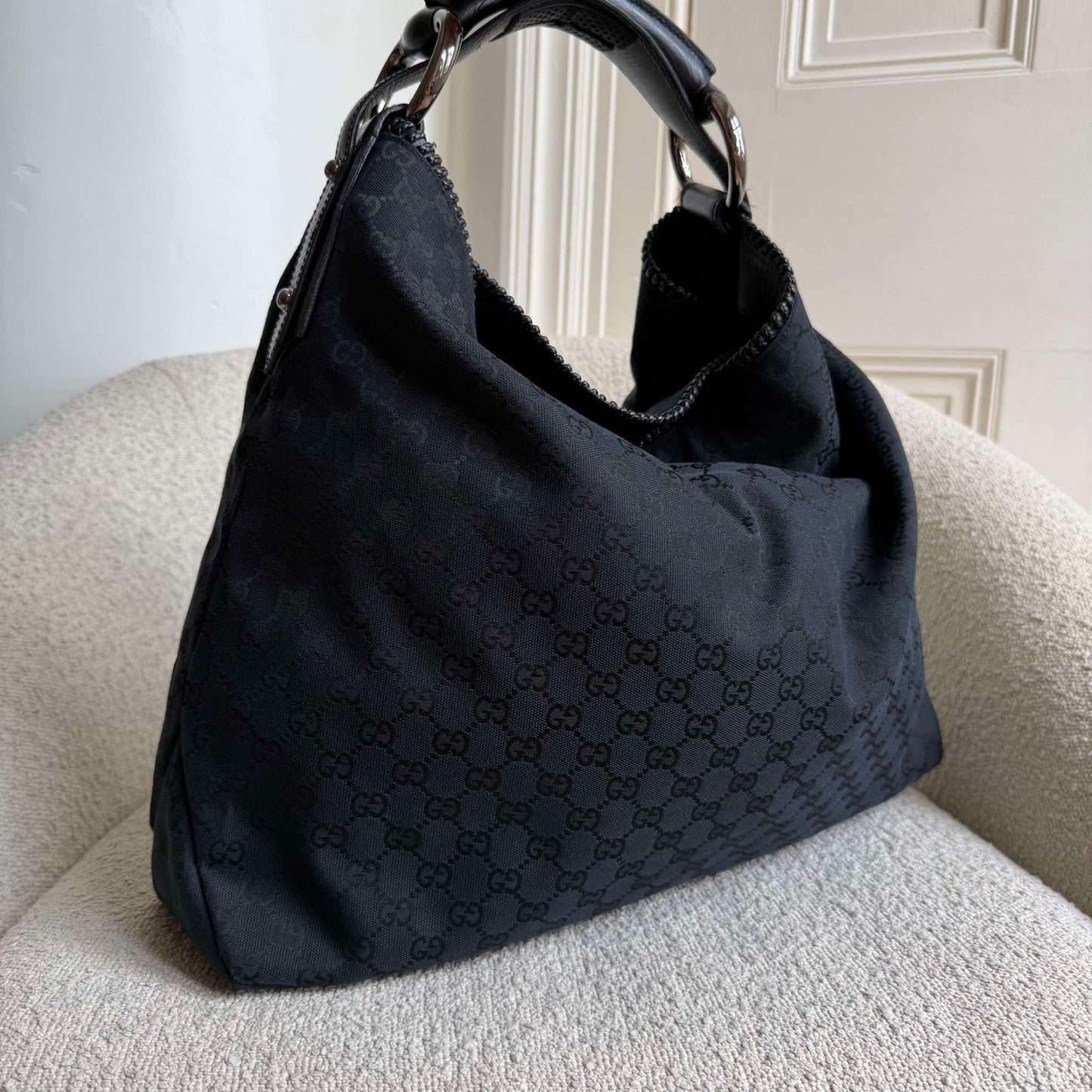 Gucci GG Canvas Horsebit Hobo Black Large Shoulder Bag