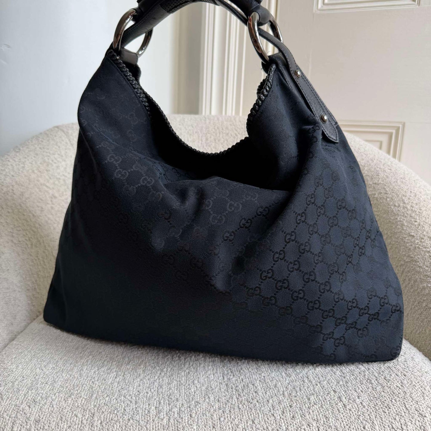 Gucci GG Canvas Horsebit Hobo Black Large Shoulder Bag