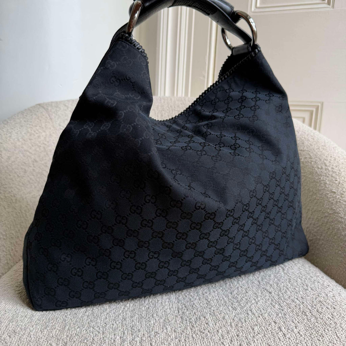 Gucci GG Canvas Horsebit Hobo Black Large Shoulder Bag