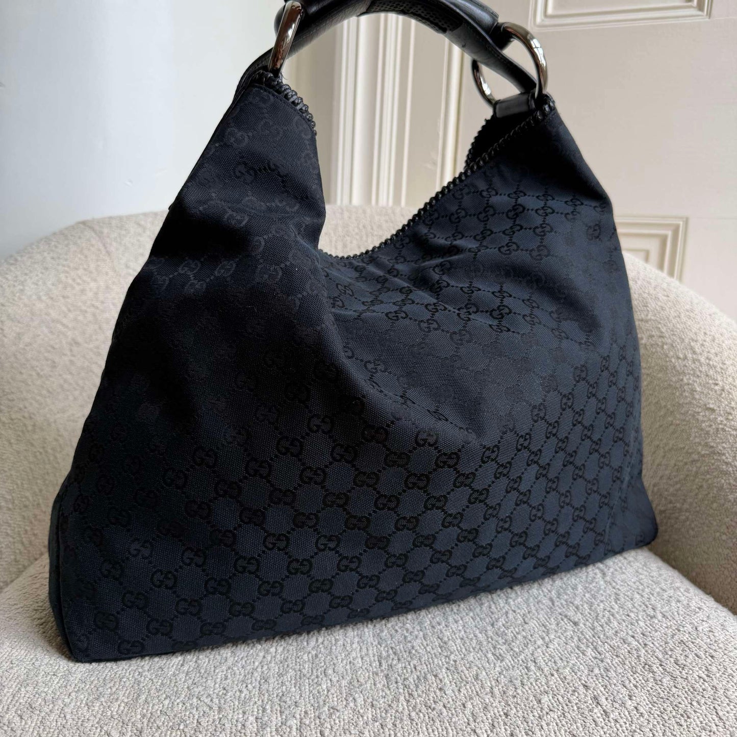 Gucci GG Canvas Horsebit Hobo Black Large Shoulder Bag