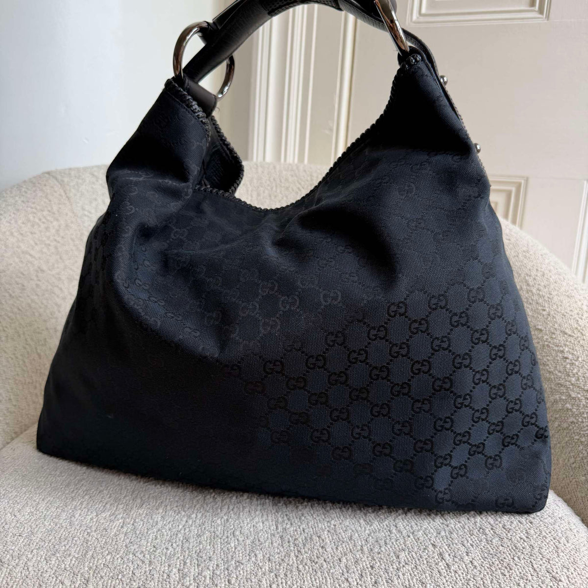 Gucci GG Canvas Horsebit Hobo Black Large Shoulder Bag
