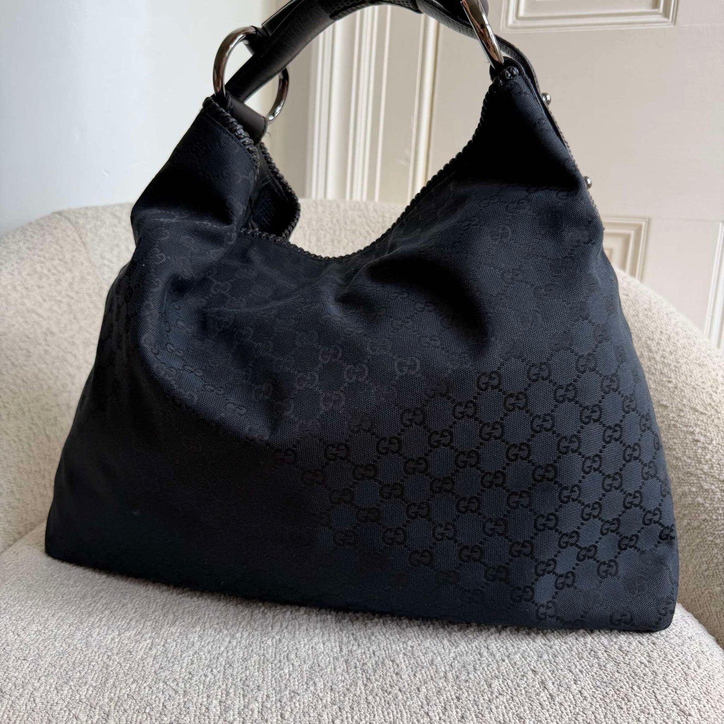 Gucci GG Canvas Horsebit Hobo Black Large Shoulder Bag