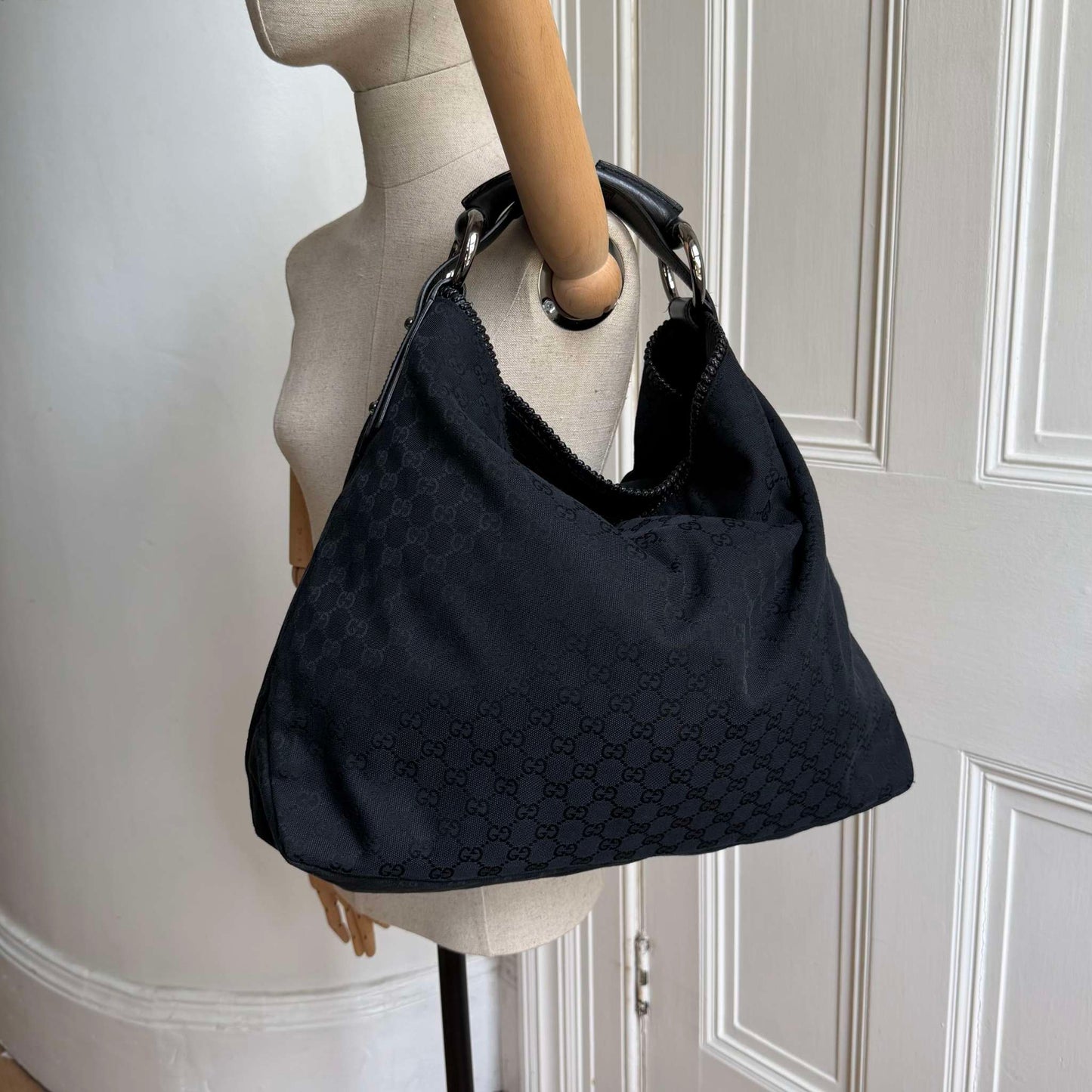Gucci GG Canvas Horsebit Hobo Black Large Shoulder Bag