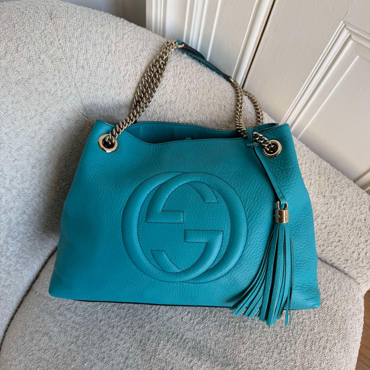 Gucci Soho Chain Blue Leather Tote Bag