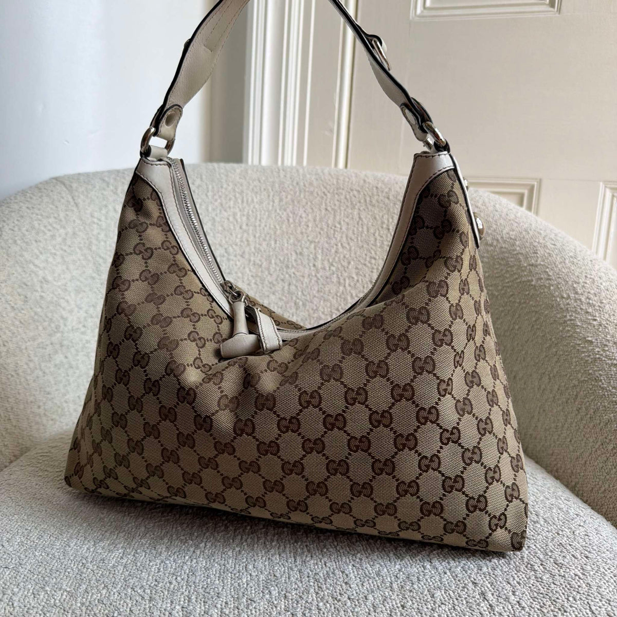 Gucci GG Canvas White Hobo Shoulder Bag