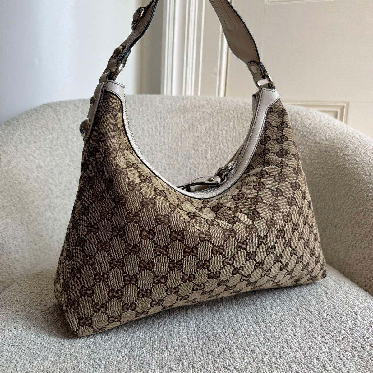 Gucci GG Canvas White Hobo Shoulder Bag