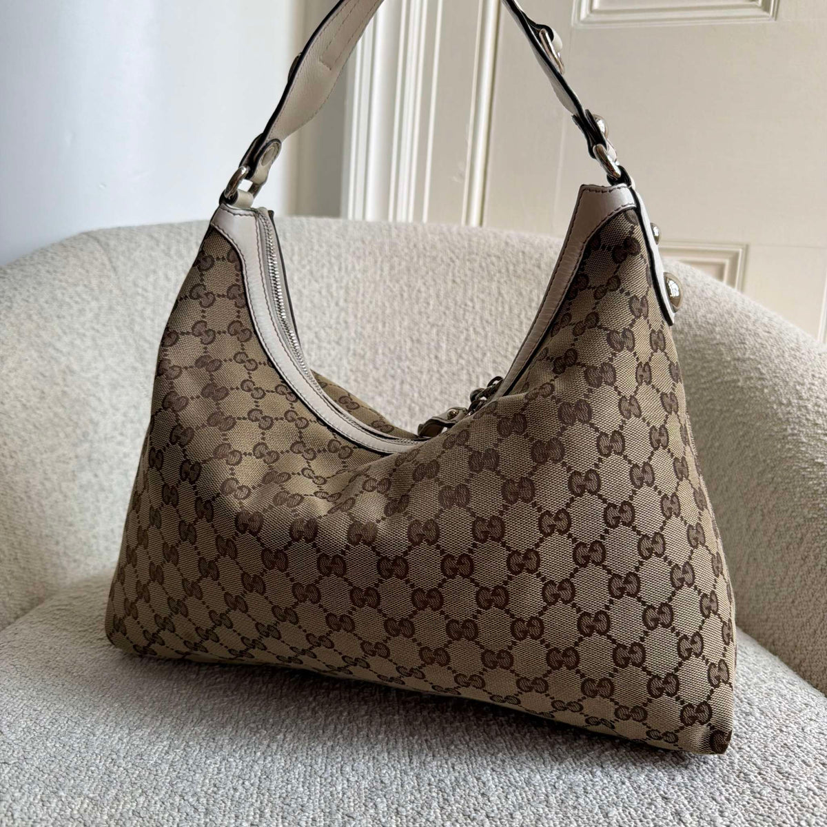 Gucci GG Canvas White Hobo Shoulder Bag