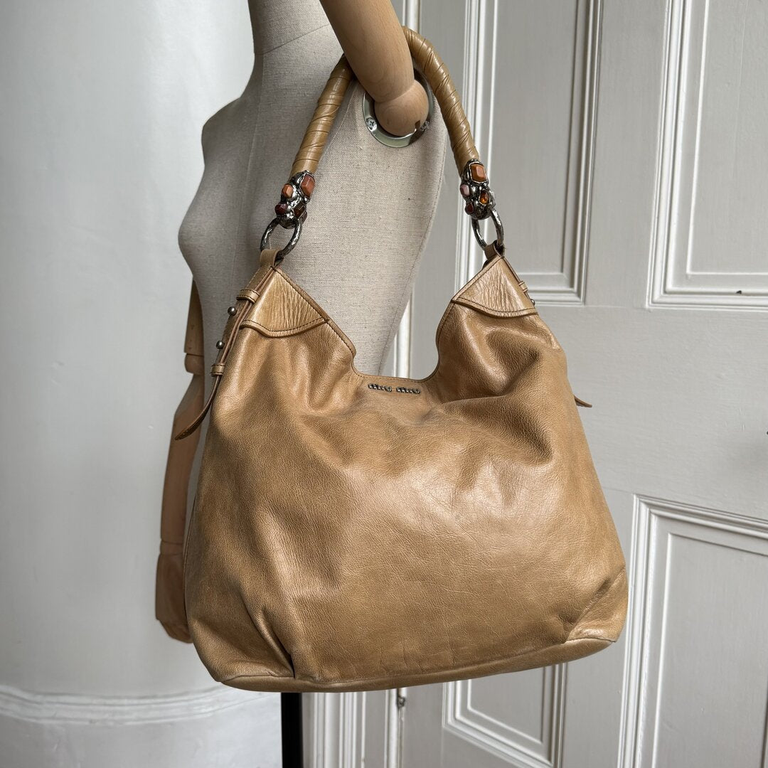 Miu Miu Shopping Hobo Brown Leather Shoulder Bag
