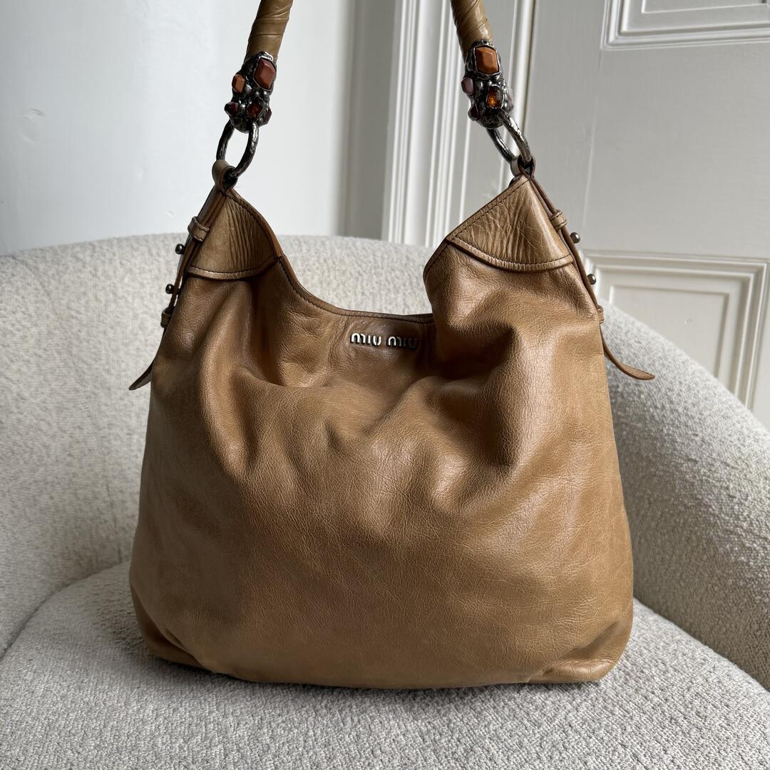 Miu Miu Shopping Hobo Brown Leather Shoulder Bag