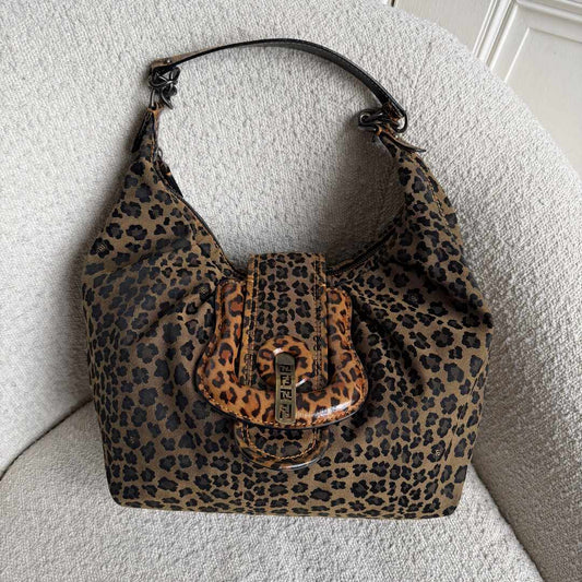 Fendi Leopard Canvas Buckle Shoulder Bag