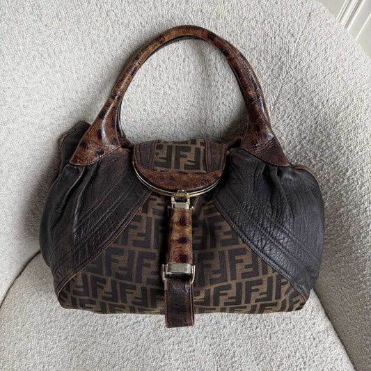 Fendi Zucca Spy Dark Brown Leather Handbag