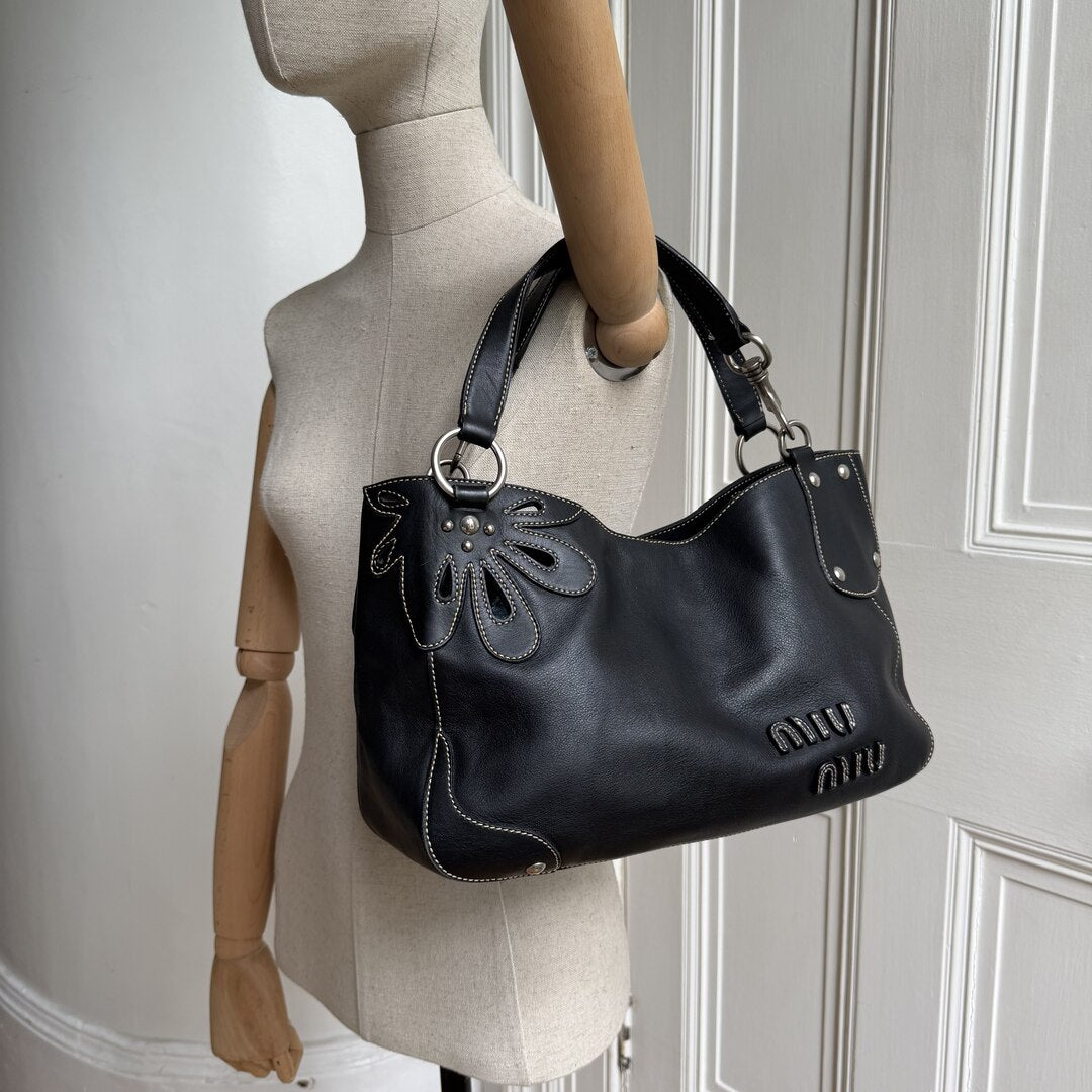 RARE Miu Miu Flower Hobo Leather Navy Shoulder Bag