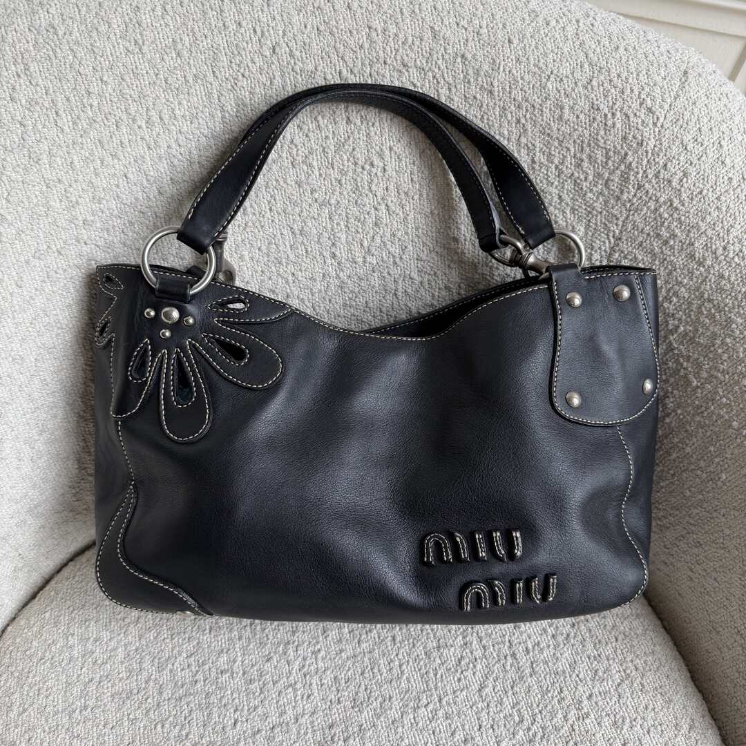 RARE Miu Miu Flower Hobo Leather Navy Shoulder Bag