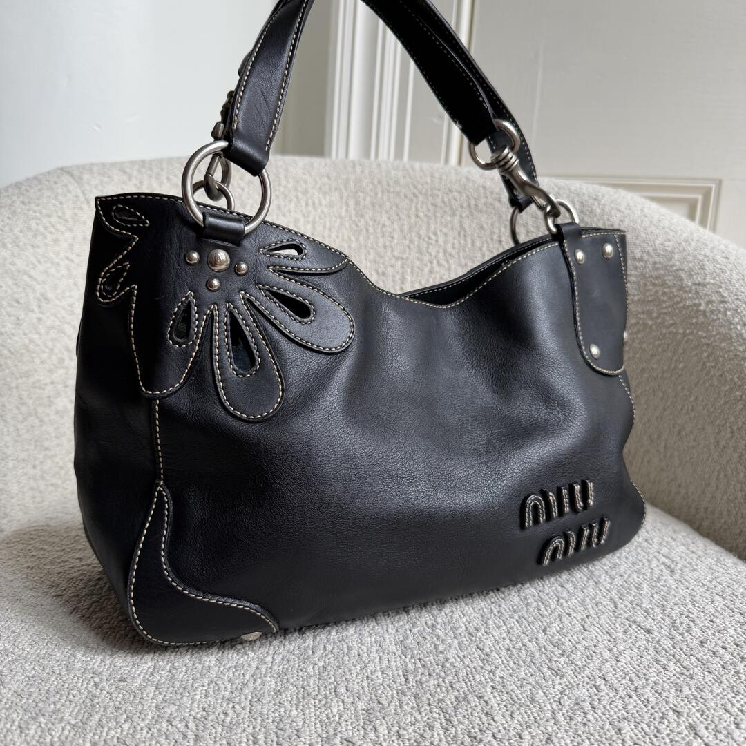 RARE Miu Miu Flower Hobo Leather Navy Shoulder Bag