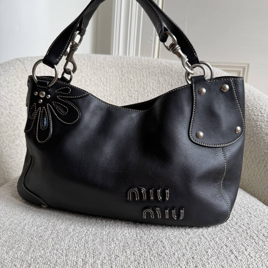 RARE Miu Miu Flower Hobo Leather Navy Shoulder Bag