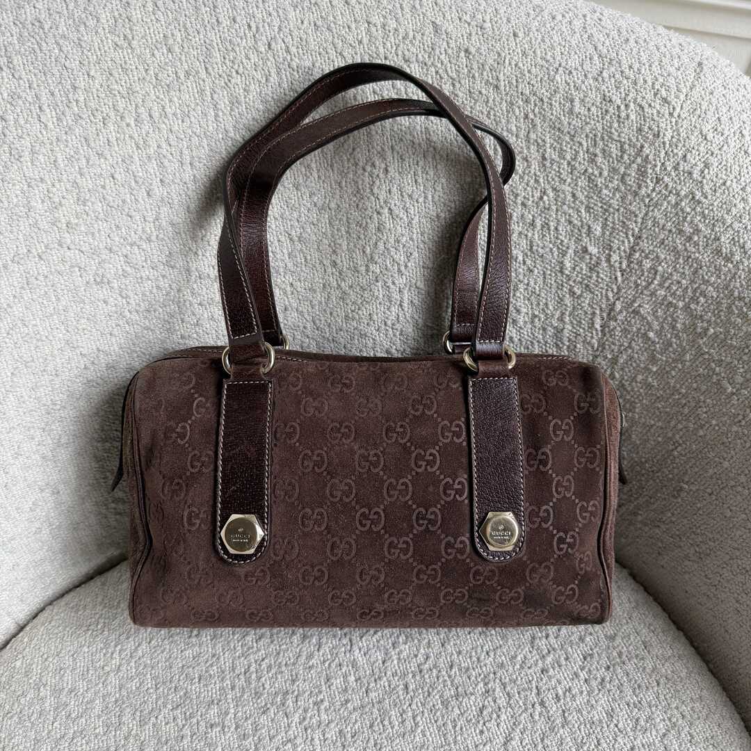 Rare Gucci GG Suede Charmy Boston Brown Shoulder Bag