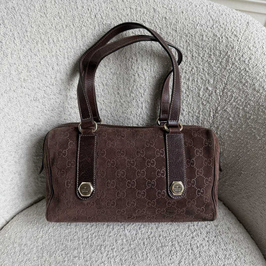 Rare Gucci GG Suede Charmy Boston Brown Shoulder Bag