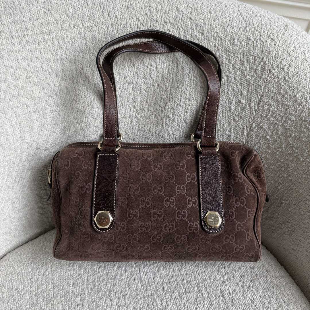 Rare Gucci GG Suede Charmy Boston Brown Shoulder Bag