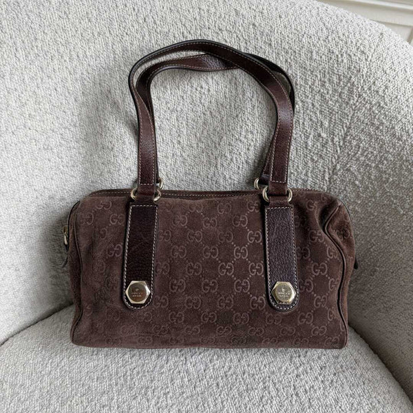 Rare Gucci GG Suede Charmy Boston Brown Shoulder Bag