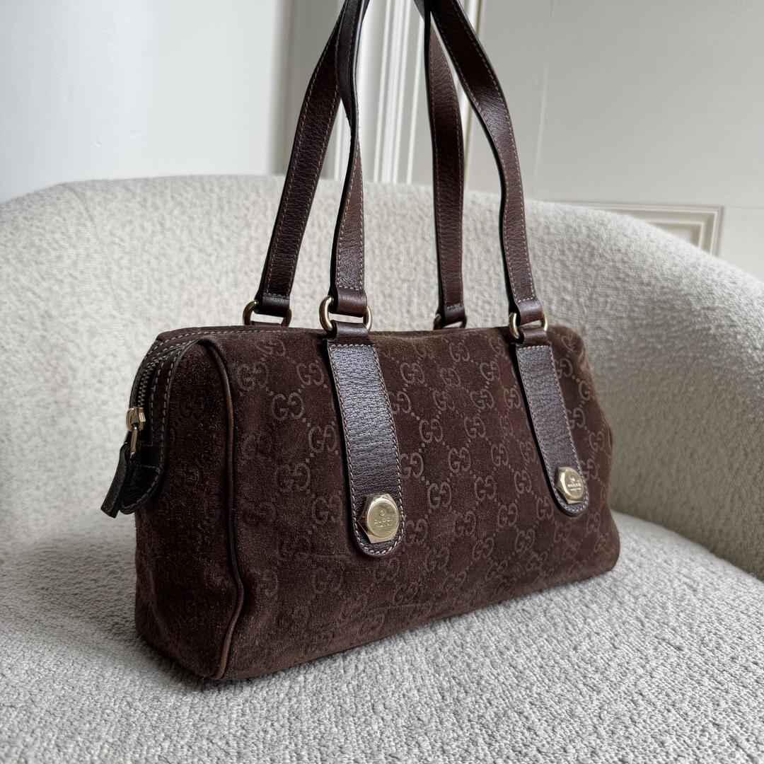 Rare Gucci GG Suede Charmy Boston Brown Shoulder Bag