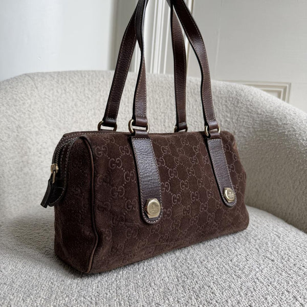 Rare Gucci GG Suede Charmy Boston Brown Shoulder Bag