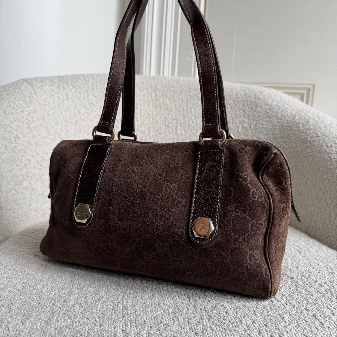 Rare Gucci GG Suede Charmy Boston Brown Shoulder Bag