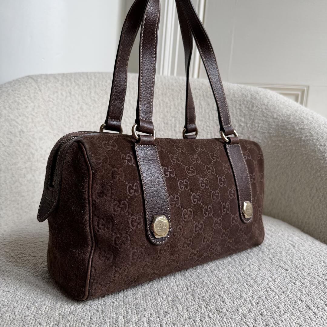 Rare Gucci GG Suede Charmy Boston Brown Shoulder Bag