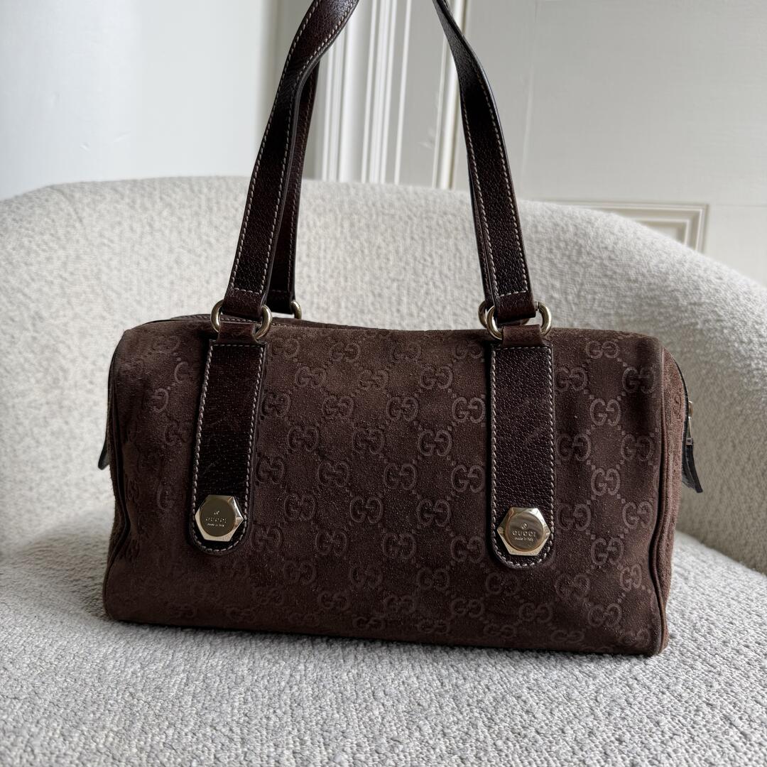 Rare Gucci GG Suede Charmy Boston Brown Shoulder Bag