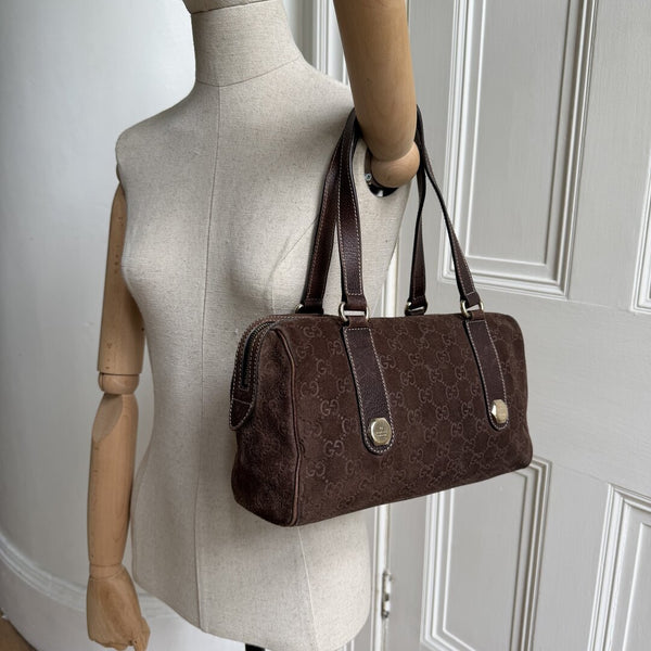 Rare Gucci GG Suede Charmy Boston Brown Shoulder Bag