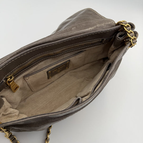 2011 Prada Vitello Shine Chain Grey Leather Shoulder Bag