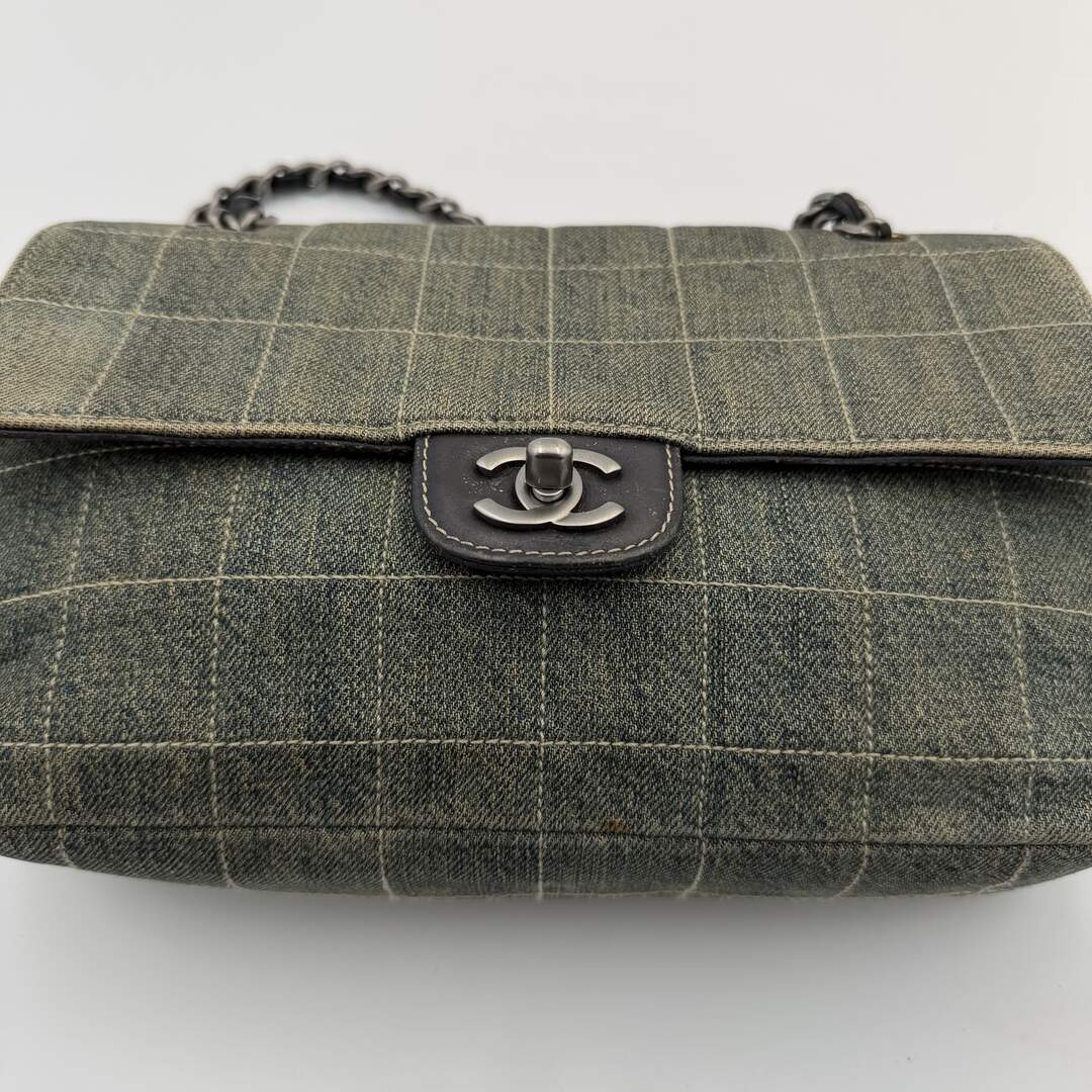 2000 Chanel Blue Denim Chocolate Bar Flap Shoulder Bag