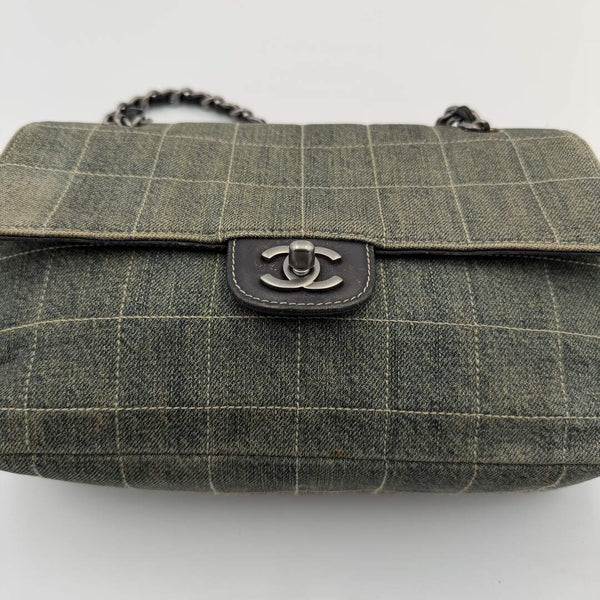 2000 Chanel Blue Denim Chocolate Bar Flap Shoulder Bag