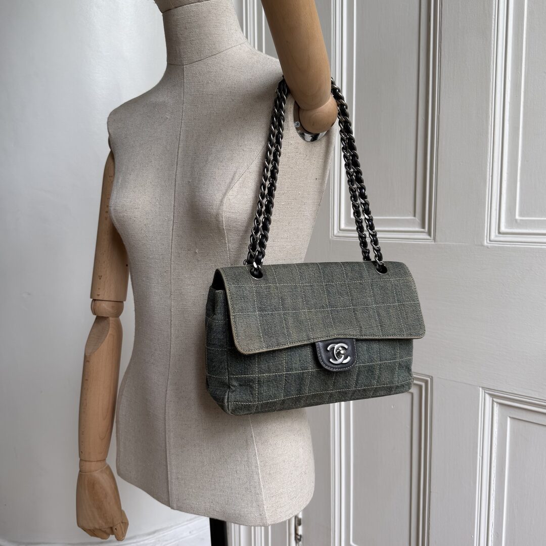 2000 Chanel Blue Denim Chocolate Bar Flap Shoulder Bag