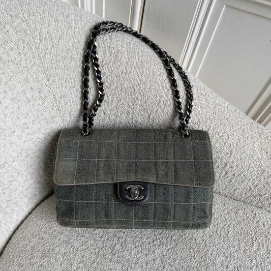 2000 Chanel Blue Denim Chocolate Bar Flap Shoulder Bag