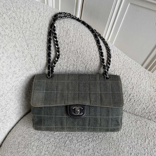 2000 Chanel Blue Denim Chocolate Bar Flap Shoulder Bag