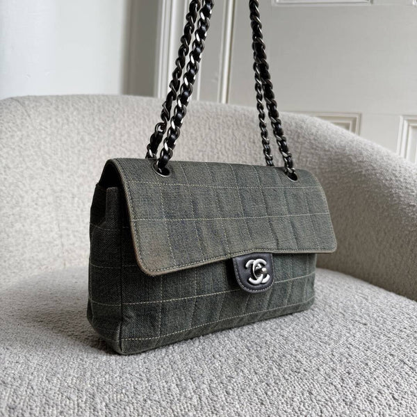 2000 Chanel Blue Denim Chocolate Bar Flap Shoulder Bag