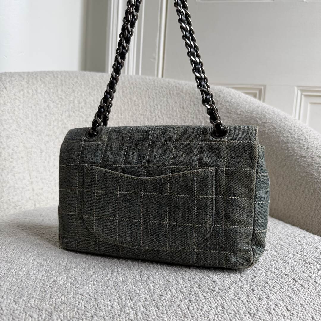 2000 Chanel Blue Denim Chocolate Bar Flap Shoulder Bag