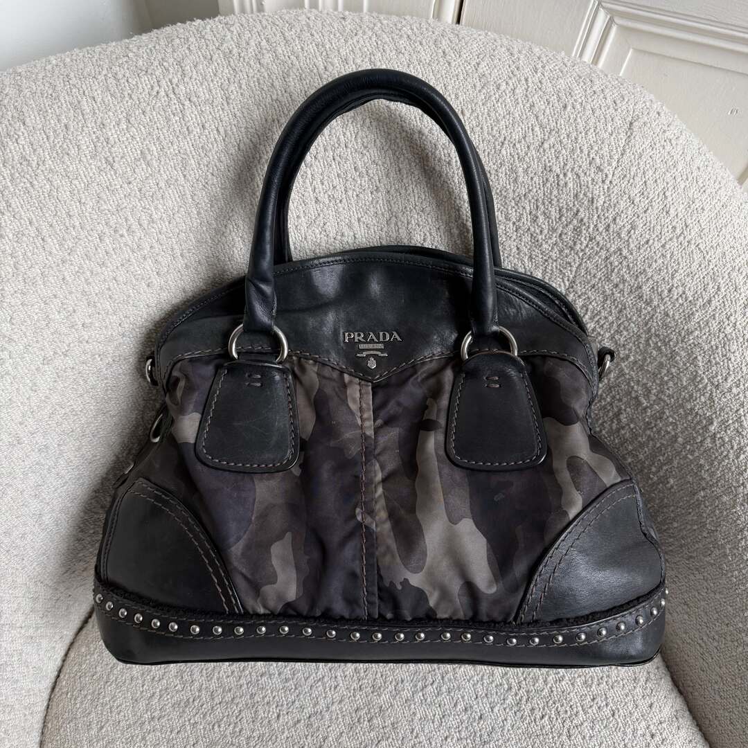 Prada Tessuto Nylon Camouflage Studded Dome Handbag