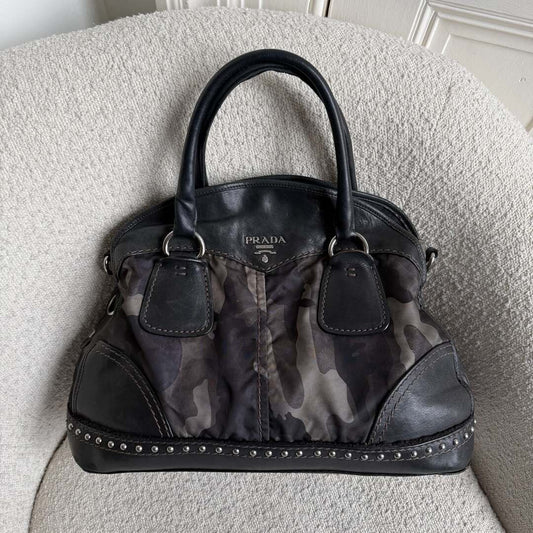 Prada Tessuto Nylon Camouflage Studded Dome Handbag