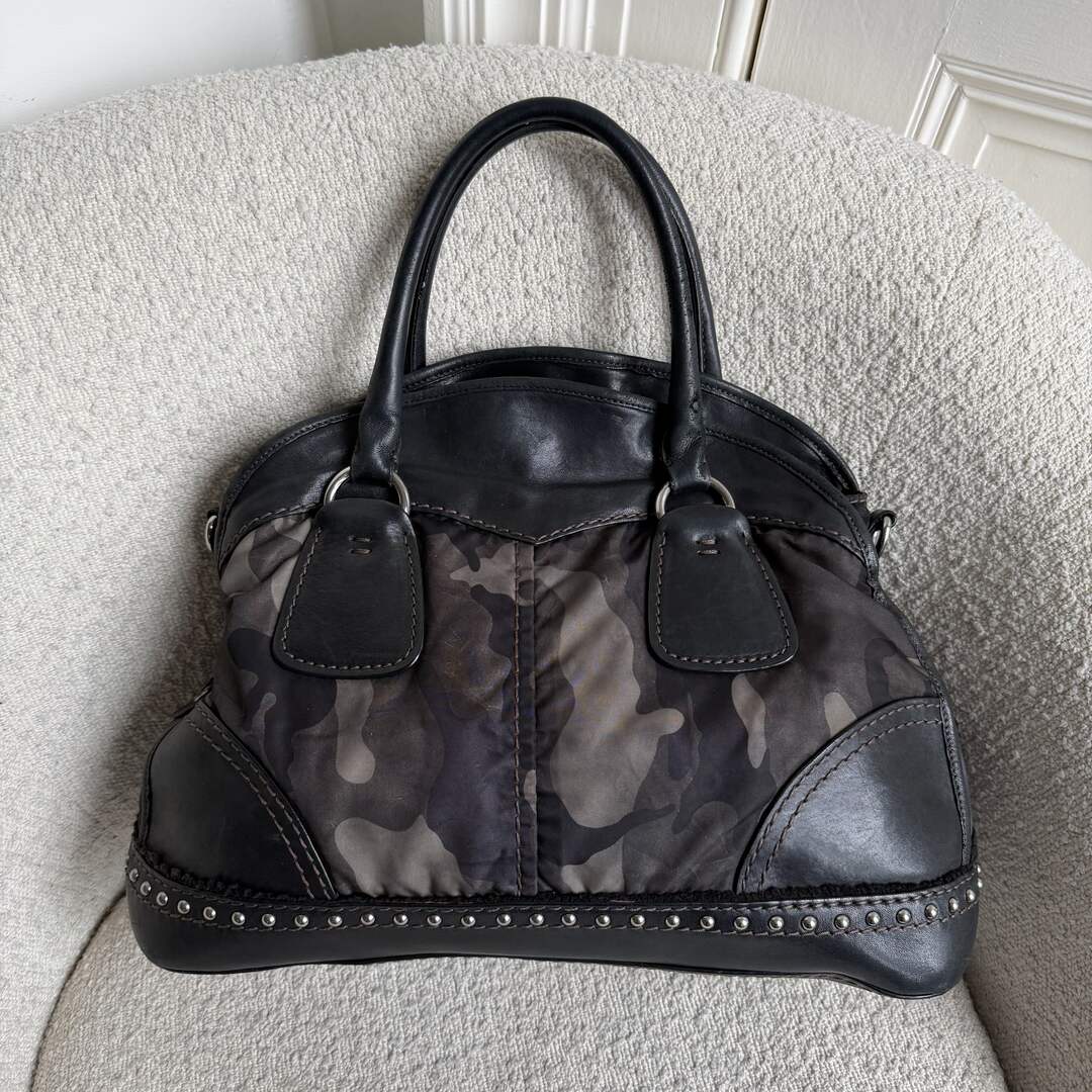Prada Tessuto Nylon Camouflage Studded Dome Handbag