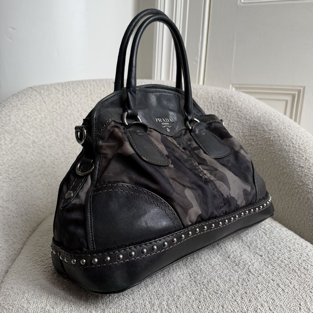Prada Tessuto Nylon Camouflage Studded Dome Handbag